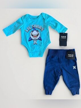 Hurley Aqua & Navy 'Lil' Shark' Baby Bodysuit and Pants Set Newborn